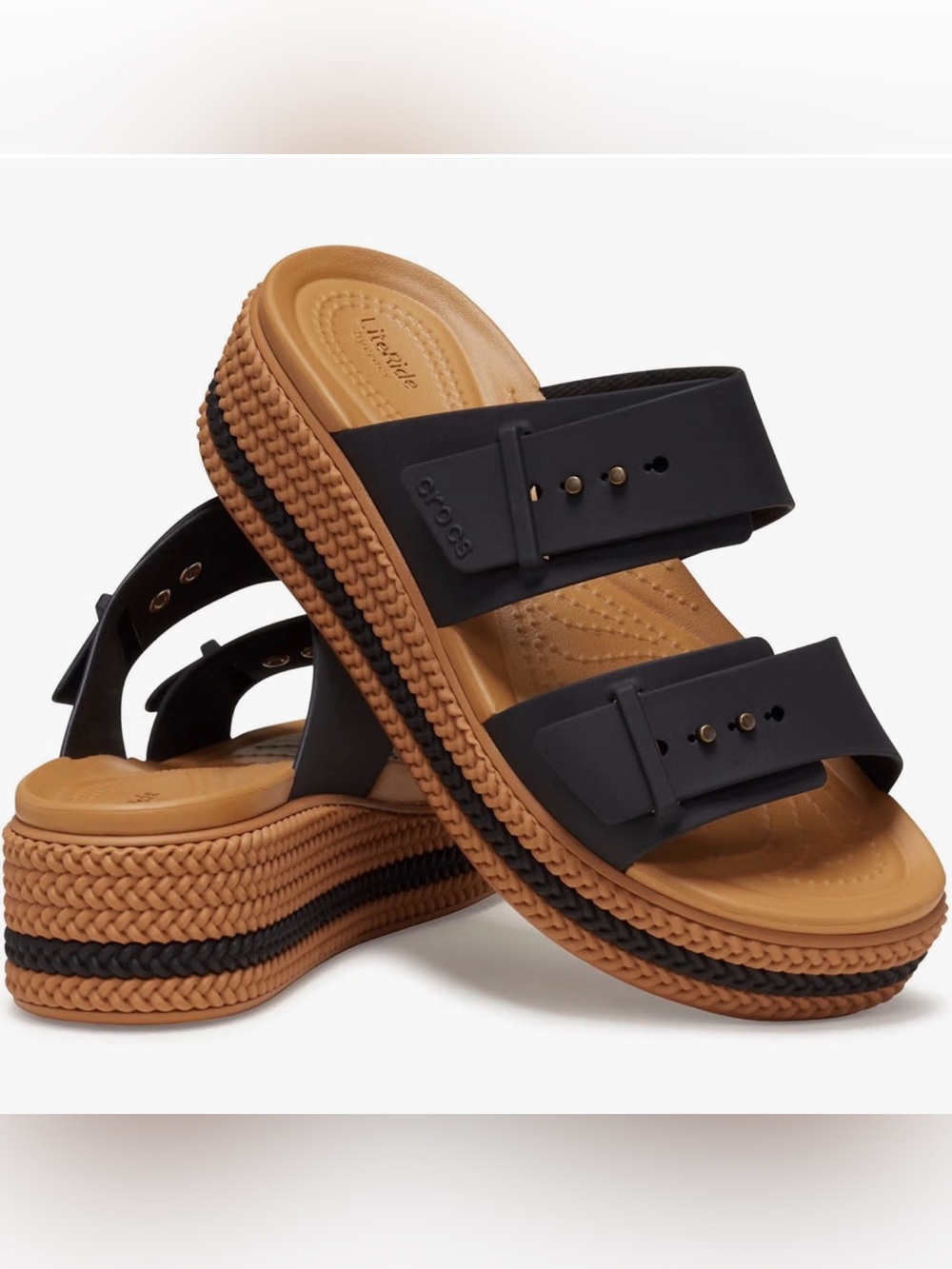 CROCS Black Double-Strap Platform Slides with Tan Woven Sole